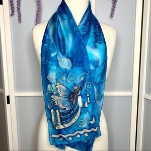 Hand painted silk scarf in blue with an angel